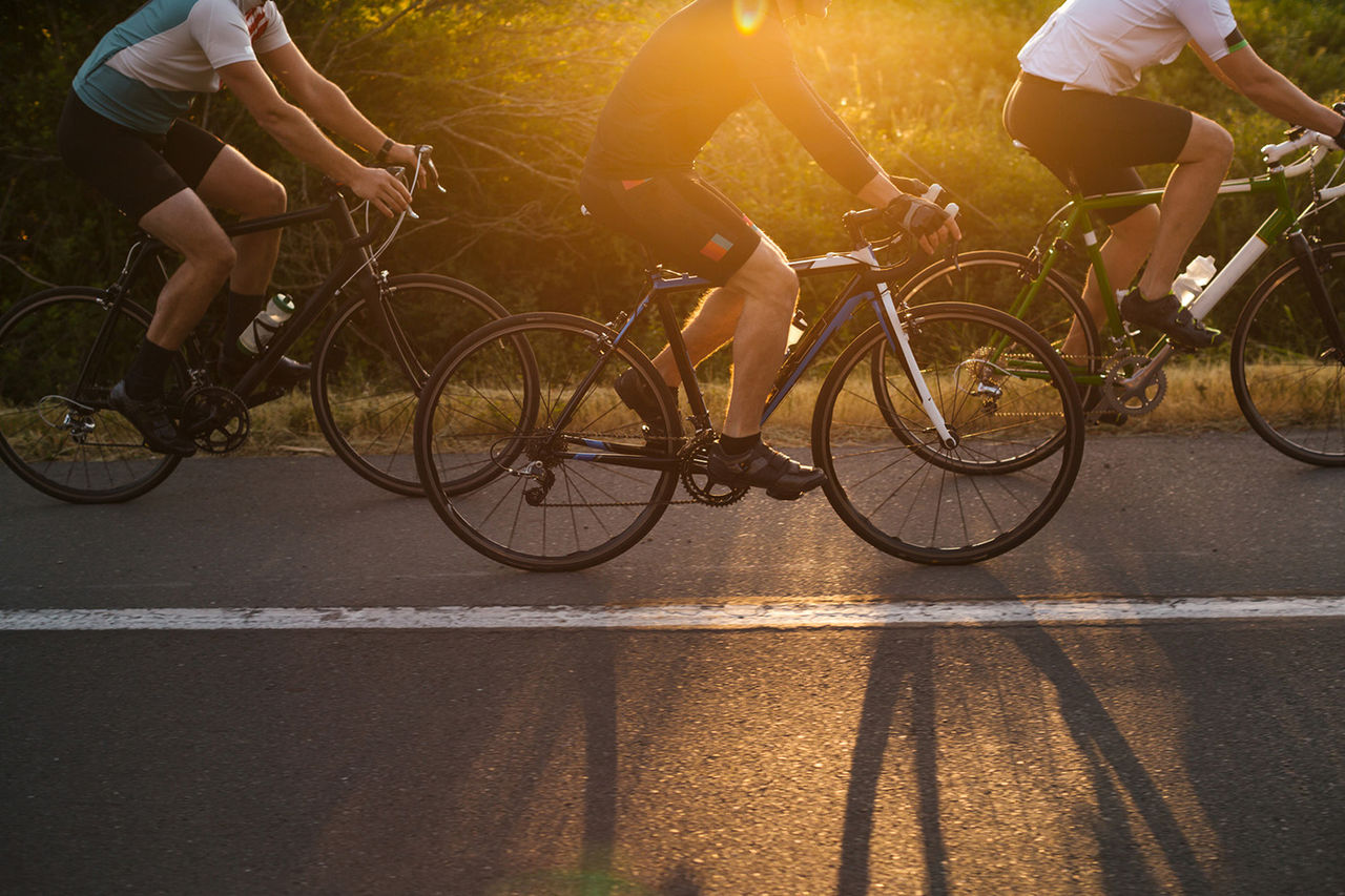 Action shot of cyclists riding hard.